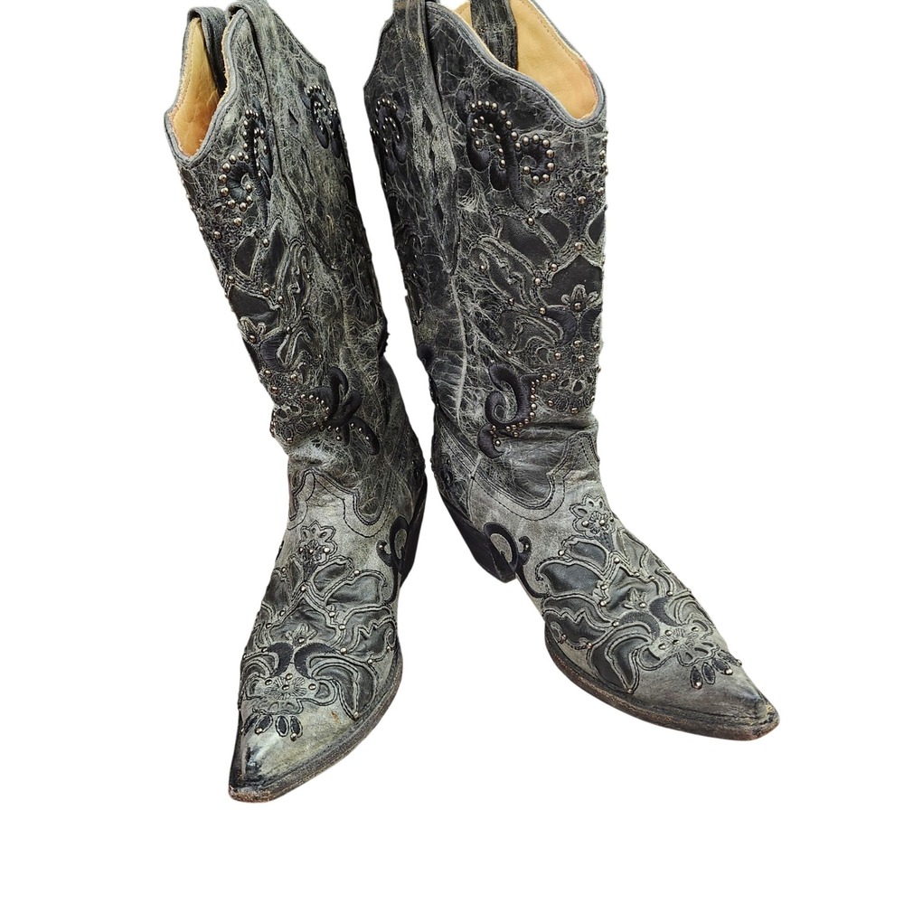 Corral Vintage Womens Grey Black Distressed Leather Studded Western Boots 7.5M